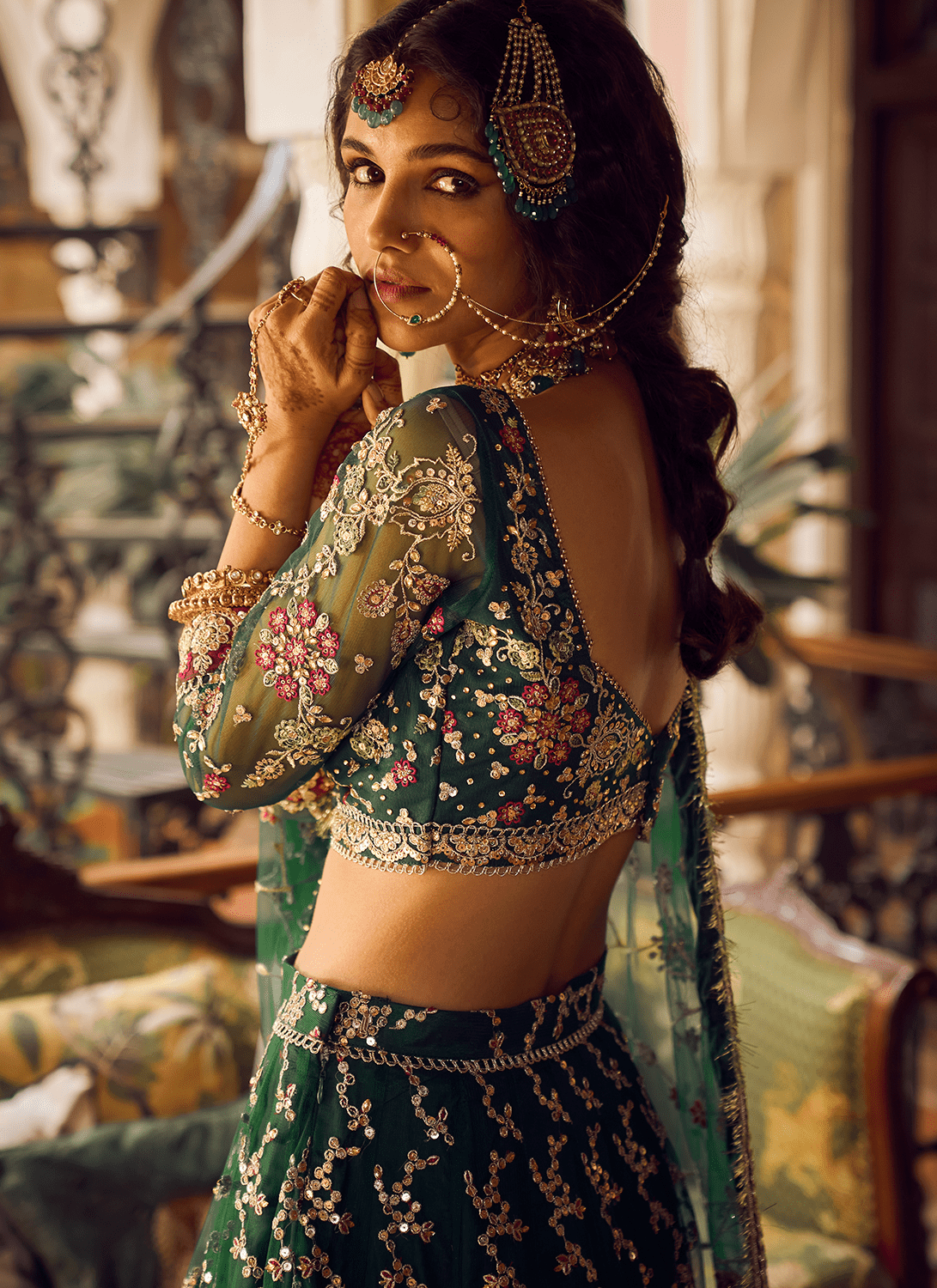Bottle Green Embroidered Lehenga - Lashkaraa