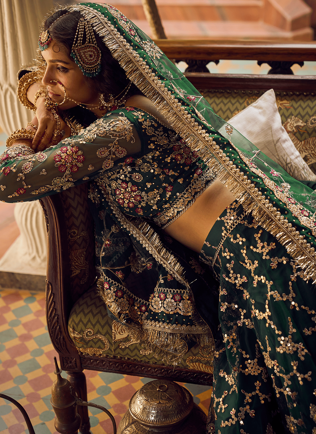 Bottle Green Embroidered Lehenga - Lashkaraa