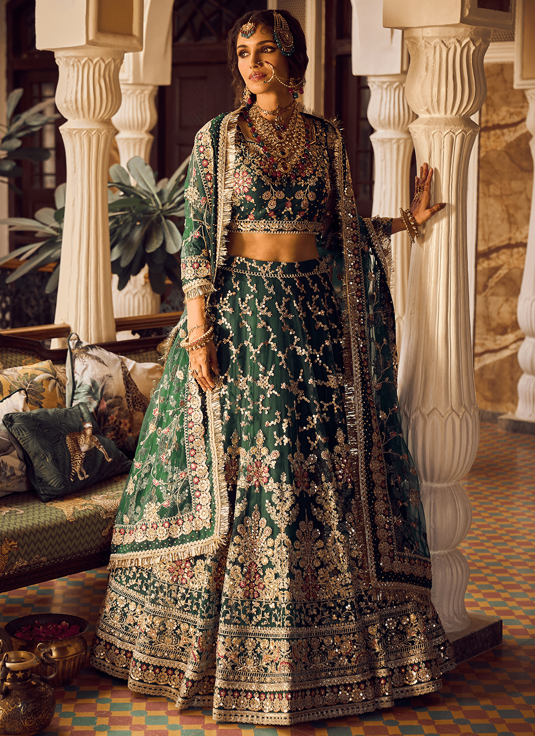 Bottle Green Embroidered Lehenga - Lashkaraa