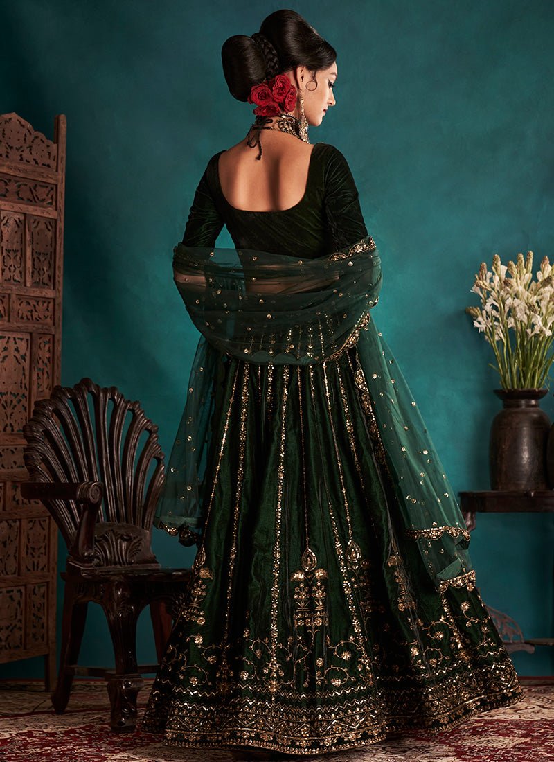 Bottle Green Embroidered Velvet Lehenga - Lashkaraa