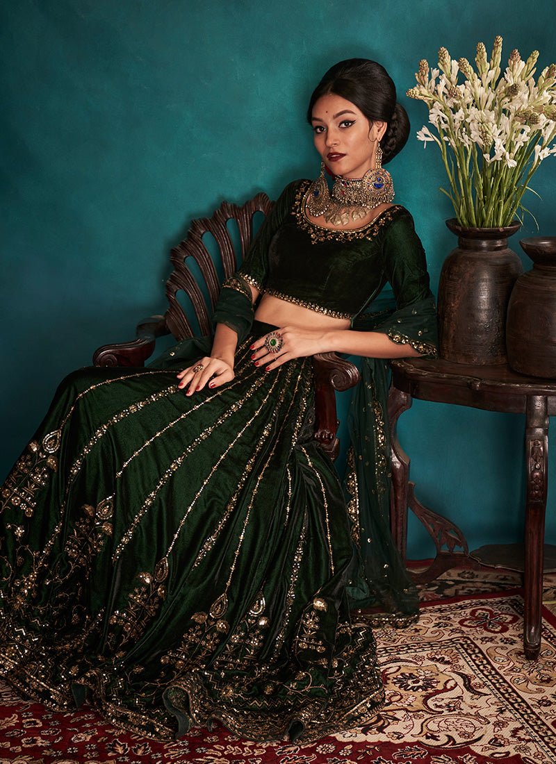 Bottle Green Embroidered Velvet Lehenga - Lashkaraa