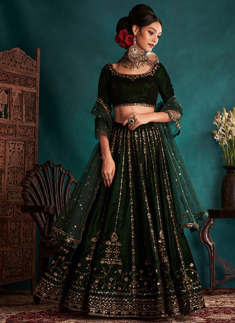 Bottle Green Embroidered Velvet Lehenga - Lashkaraa