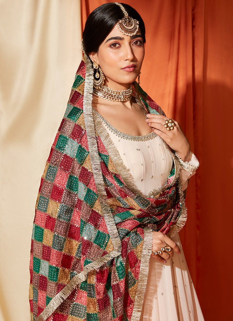 Cream Anarkali With Multicolor Phulkari Dupatta - Lashkaraa