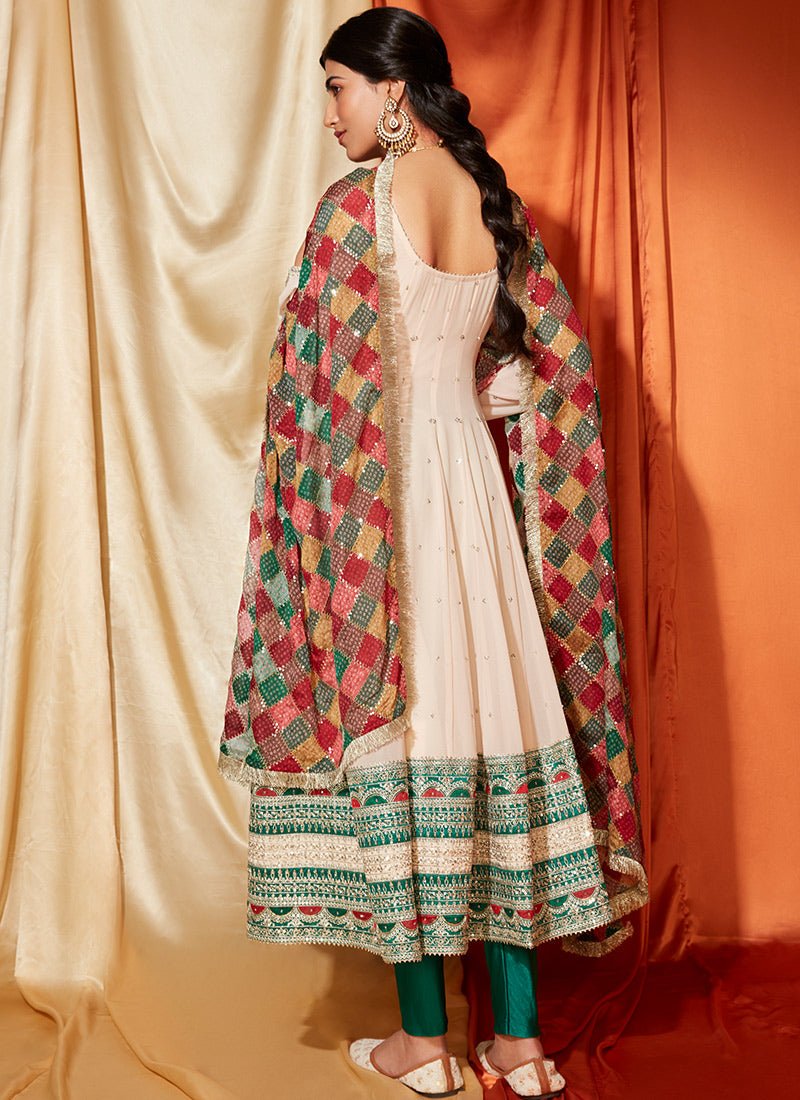 Cream Anarkali With Multicolor Phulkari Dupatta - Lashkaraa