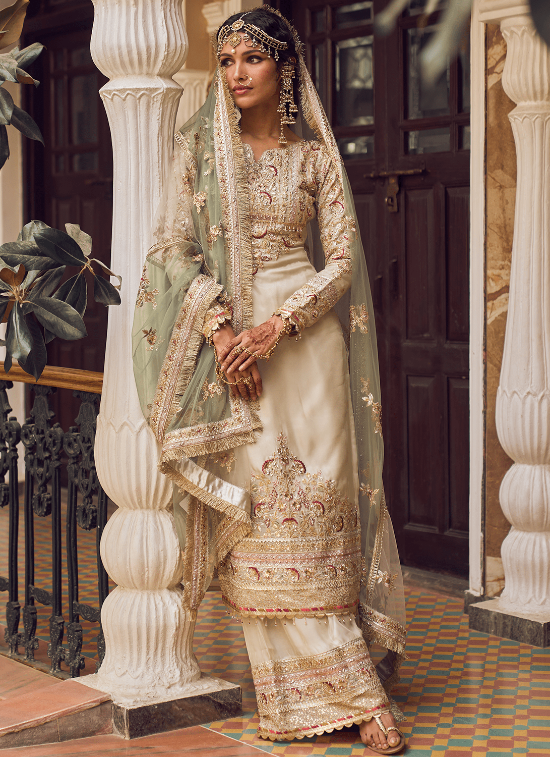 Cream and Light Green Embroidered Palazzo Suit - Lashkaraa