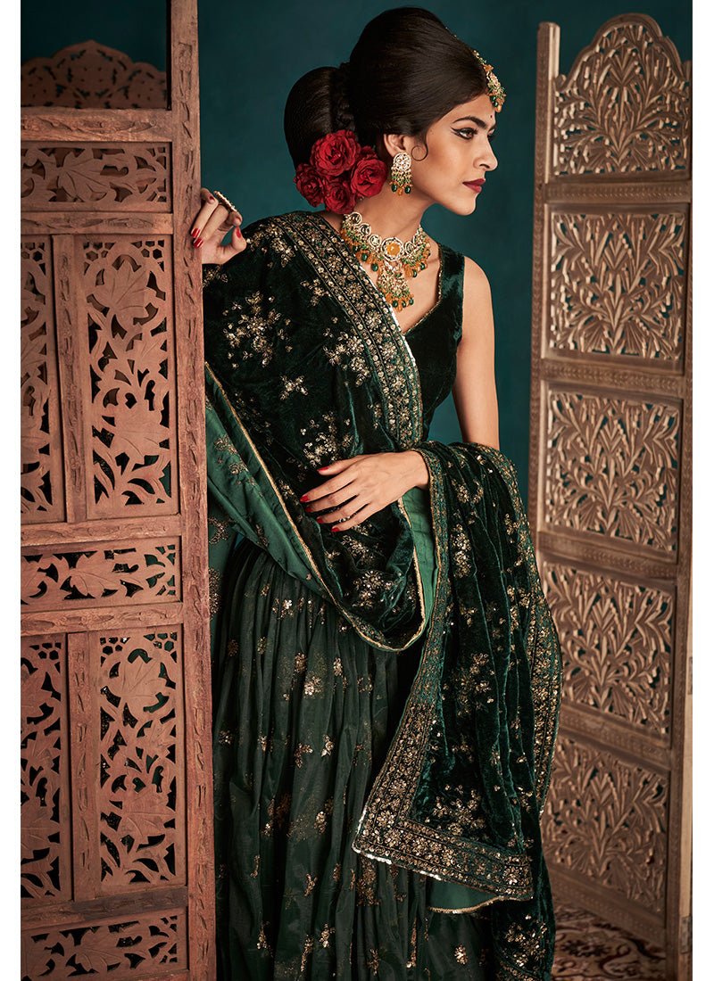 Dark Green and Gold Embroidered Velvet Lehenga - Lashkaraa