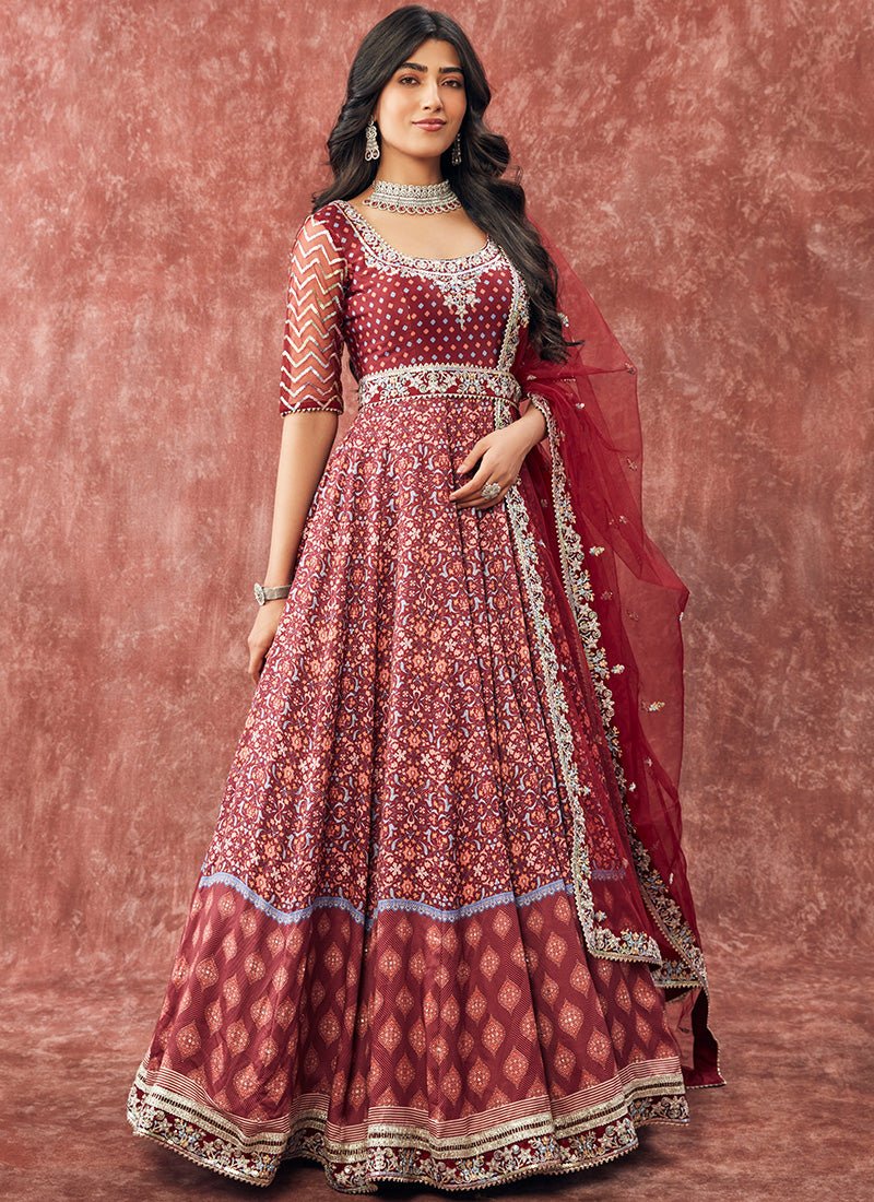 Deep Maroon Printed Satin Anarkali - Lashkaraa