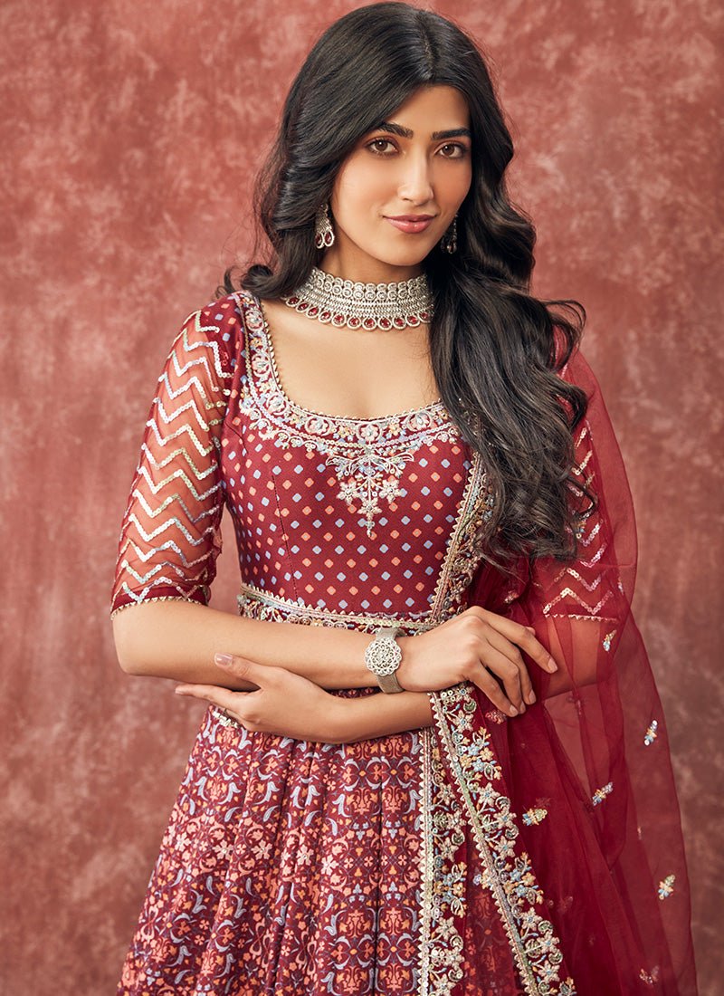 Deep Maroon Printed Satin Anarkali - Lashkaraa