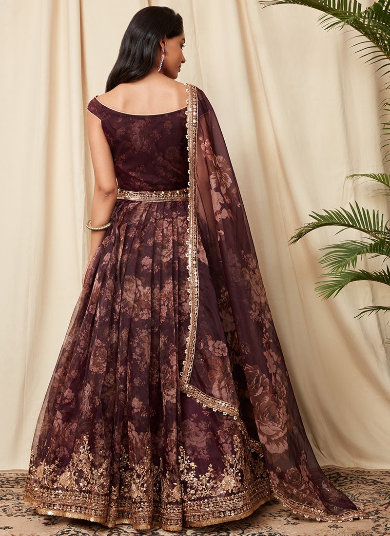 Deep Purple Floral Organza Lehenga - Lashkaraa