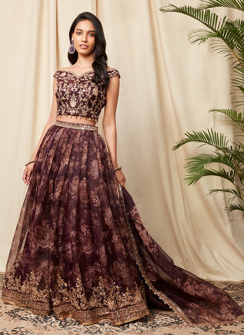 Deep Purple Floral Organza Lehenga - Lashkaraa