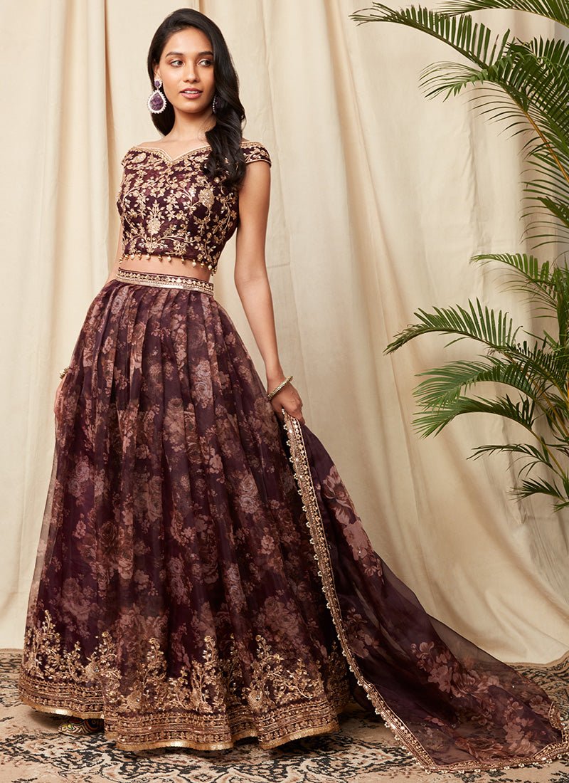 Deep Purple Floral Organza Lehenga - Lashkaraa