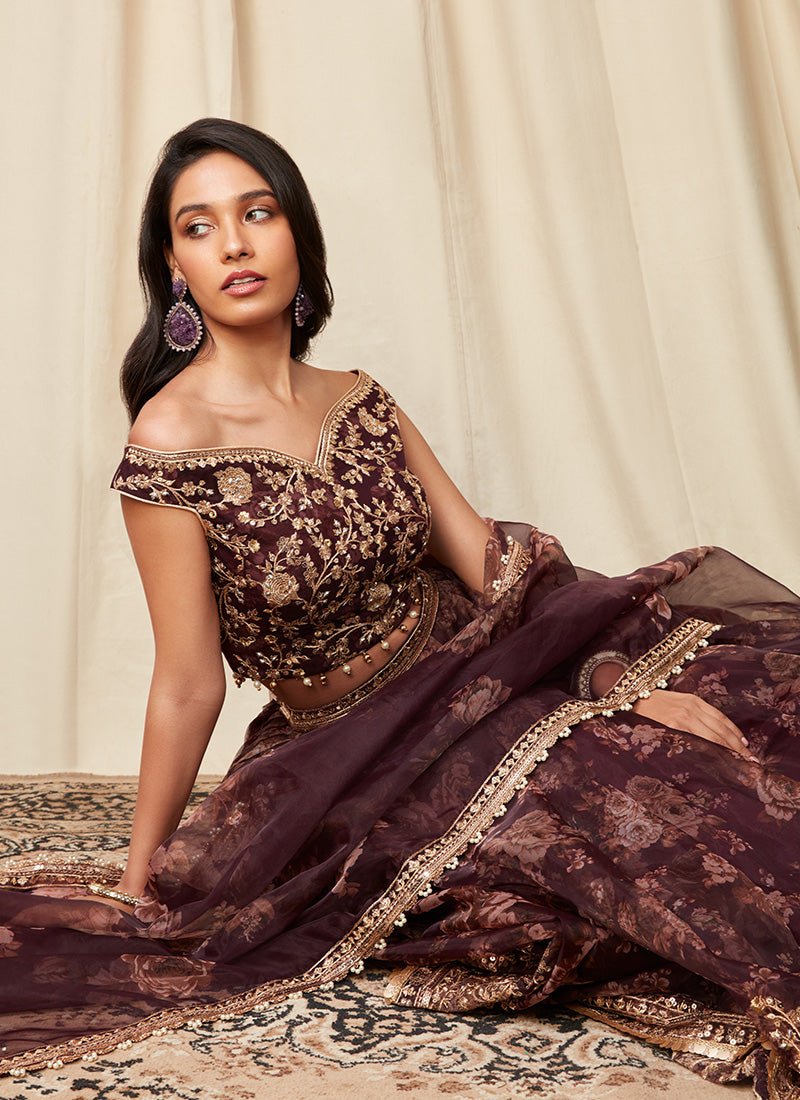 Deep Purple Floral Organza Lehenga - Lashkaraa