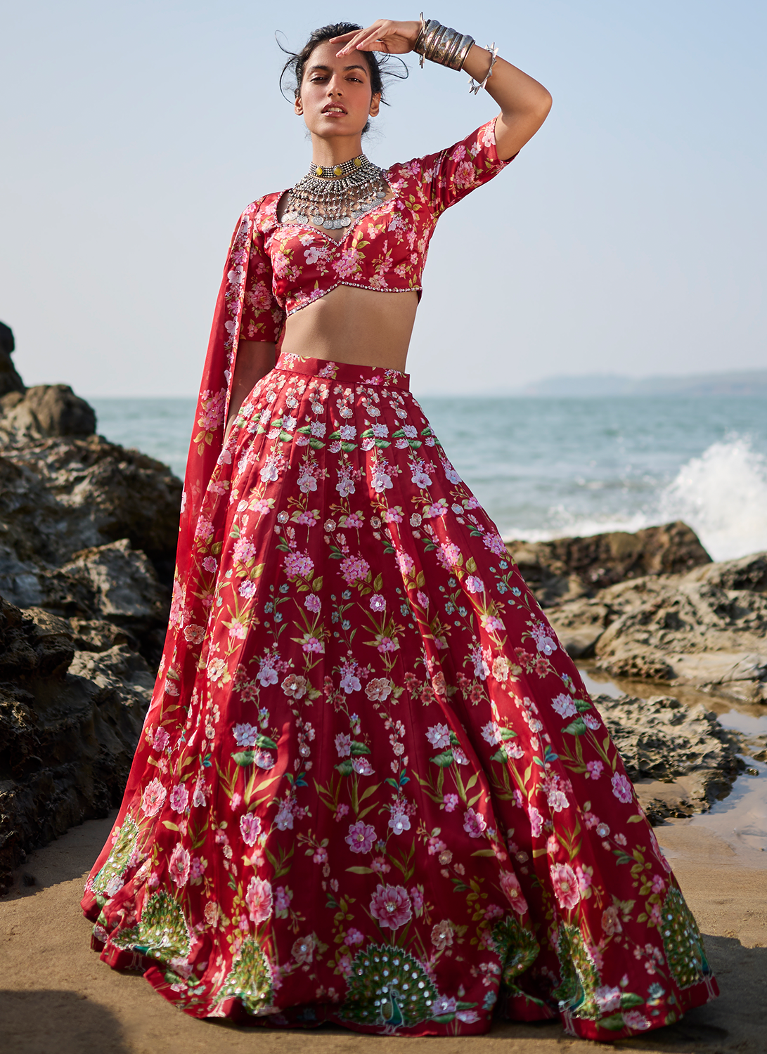 Deep Red Floral Printed Lehenga - Lashkaraa