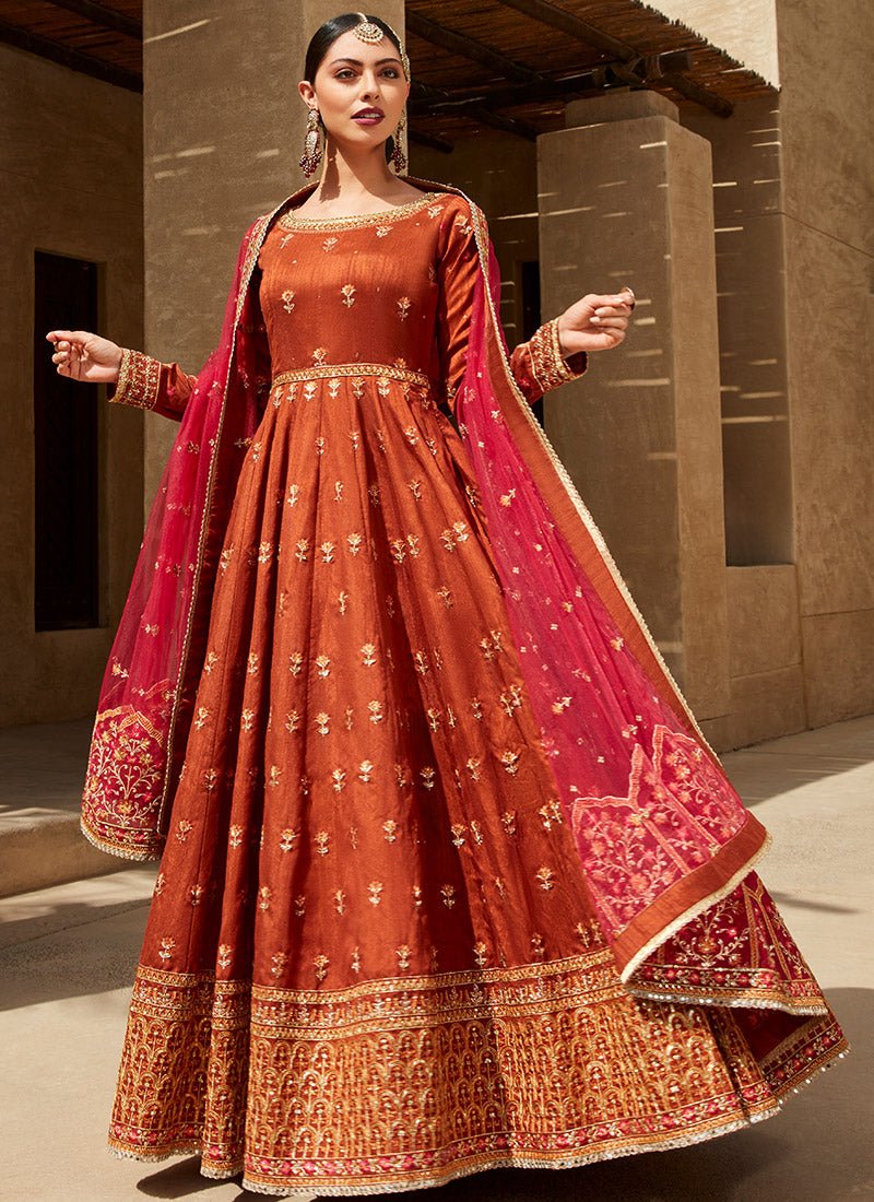 Deep Rust and Hot Pink Embroidered Anarkali - Lashkaraa