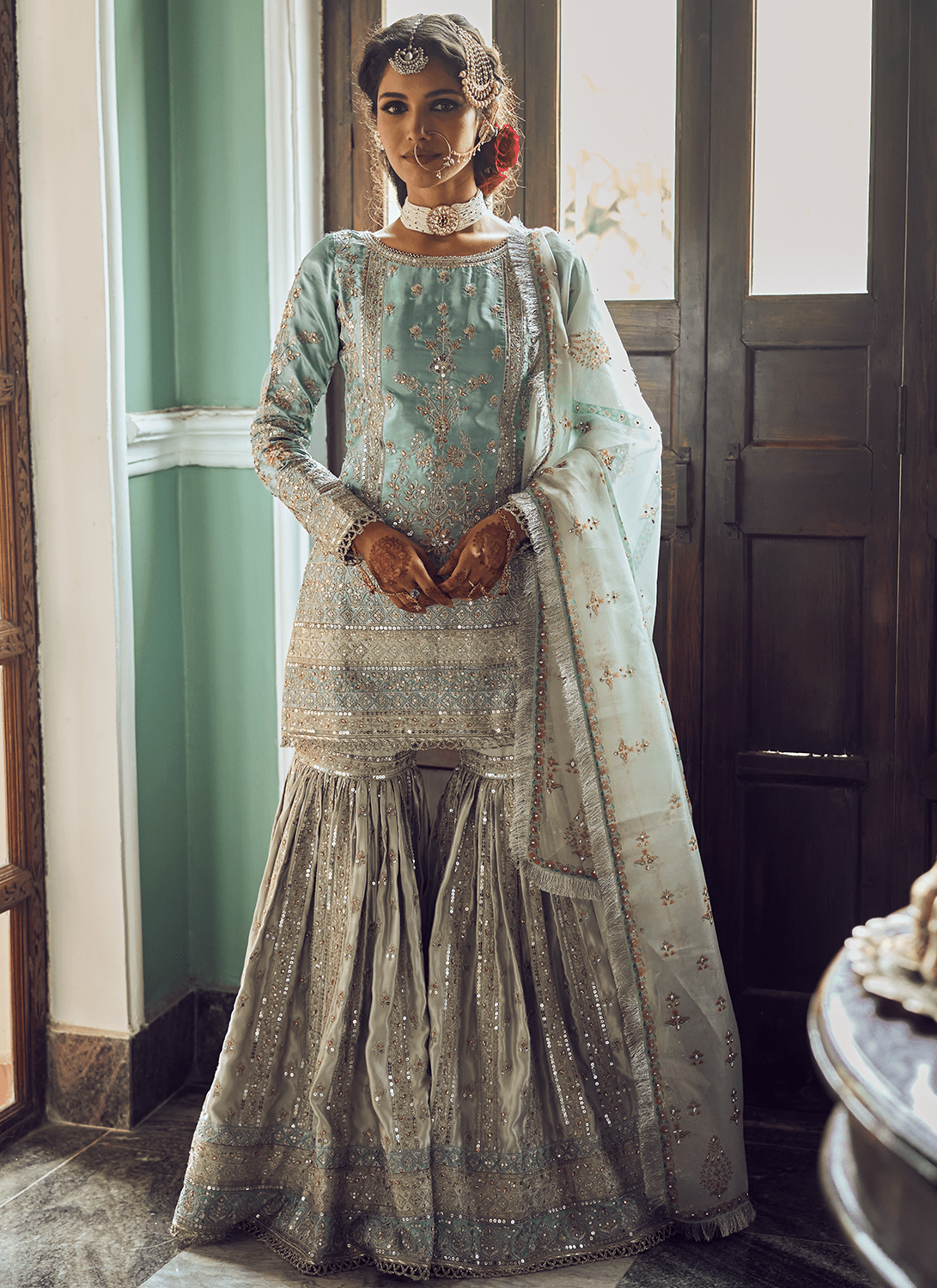 Dusty Blue and Grey Embroidered Gharara Suit - Lashkaraa