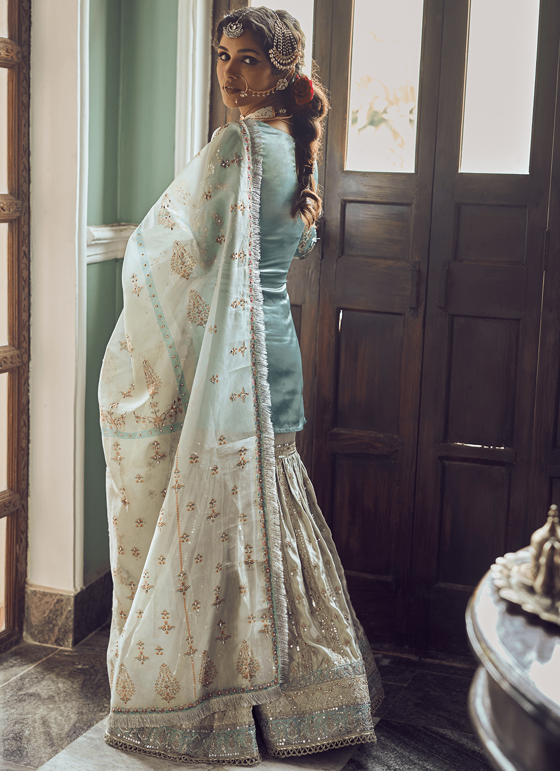 Dusty Blue and Grey Embroidered Gharara Suit - Lashkaraa