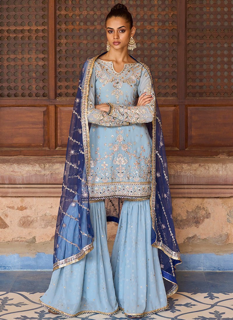 Dusty Blue Georgette Gharara Suit - Lashkaraa