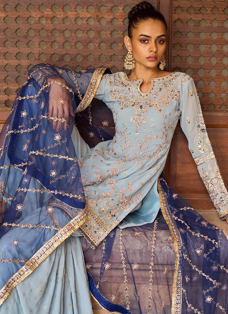 Dusty Blue Georgette Gharara Suit - Lashkaraa