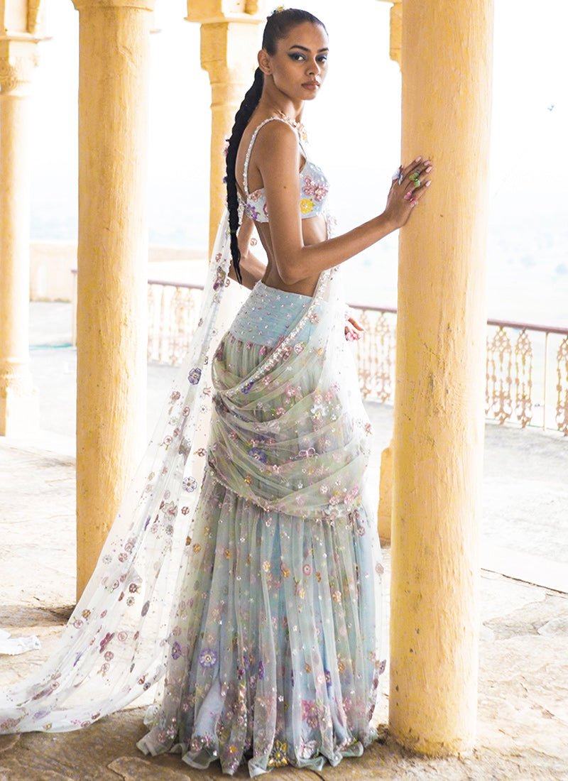 Dusty Blue Heavy Embellished Net Saree - Lashkaraa