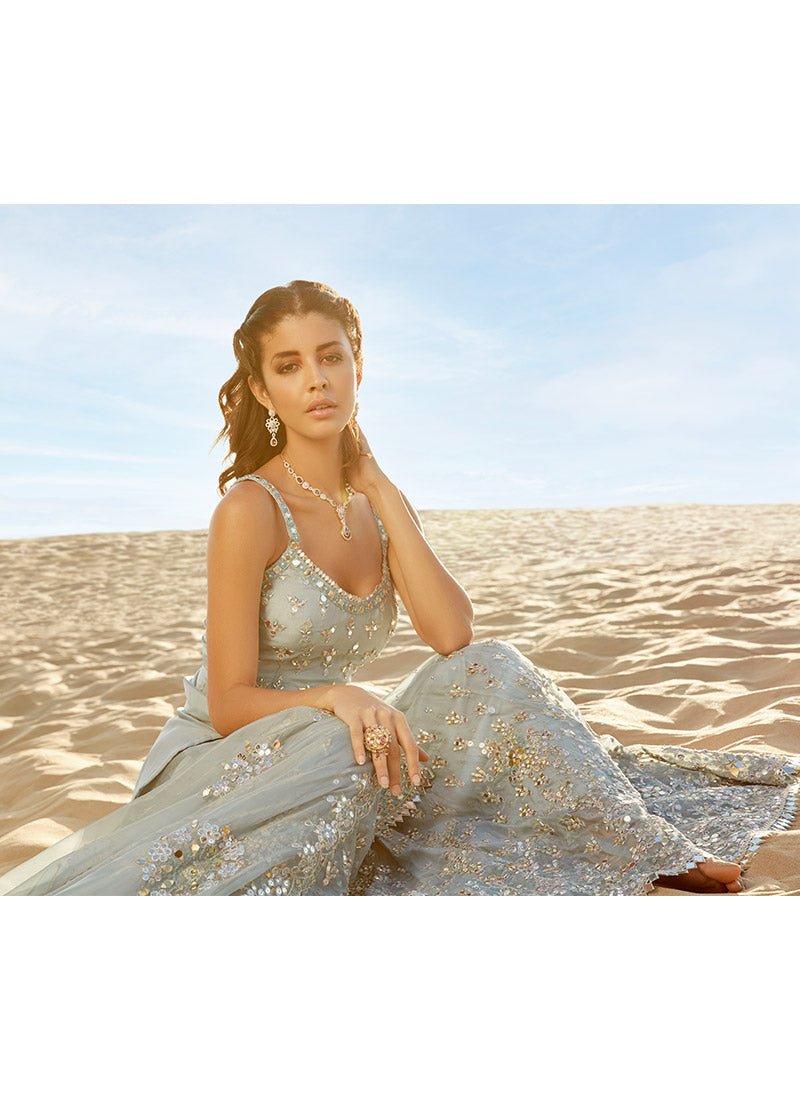 Dusty Blue Mirror Embroidered Sharara Suit - Lashkaraa
