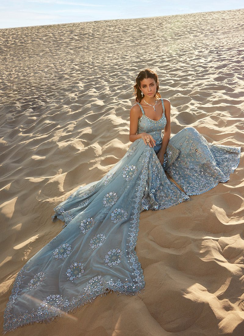 Dusty Blue Mirror Embroidered Sharara Suit - Lashkaraa