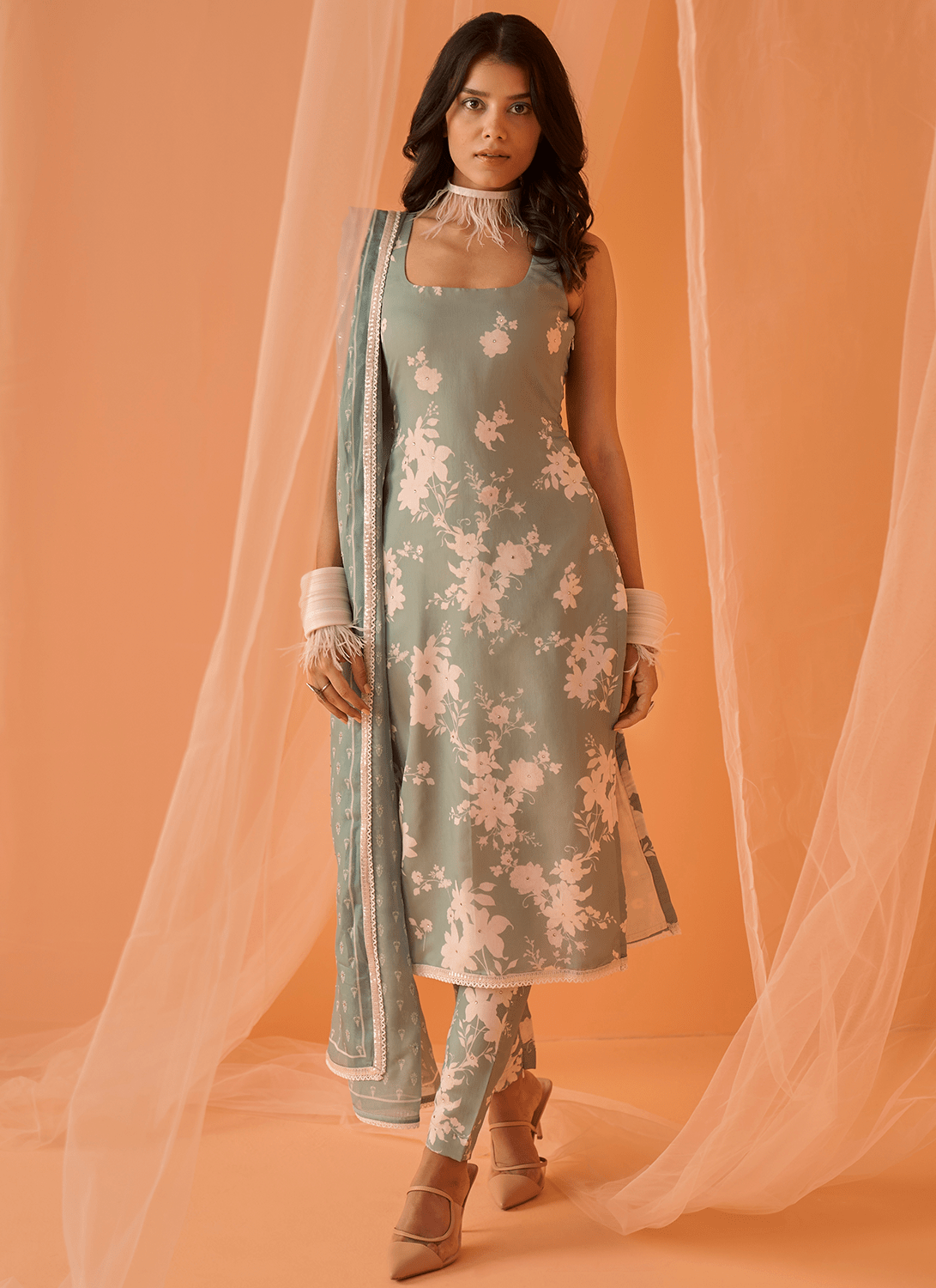 Dusty Green White Floral Printed Straight Suit - Lashkaraa