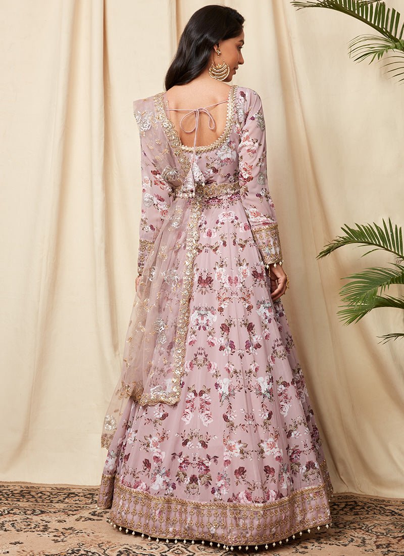 Dusty Mauve Floral Georgette Anarkali - Lashkaraa
