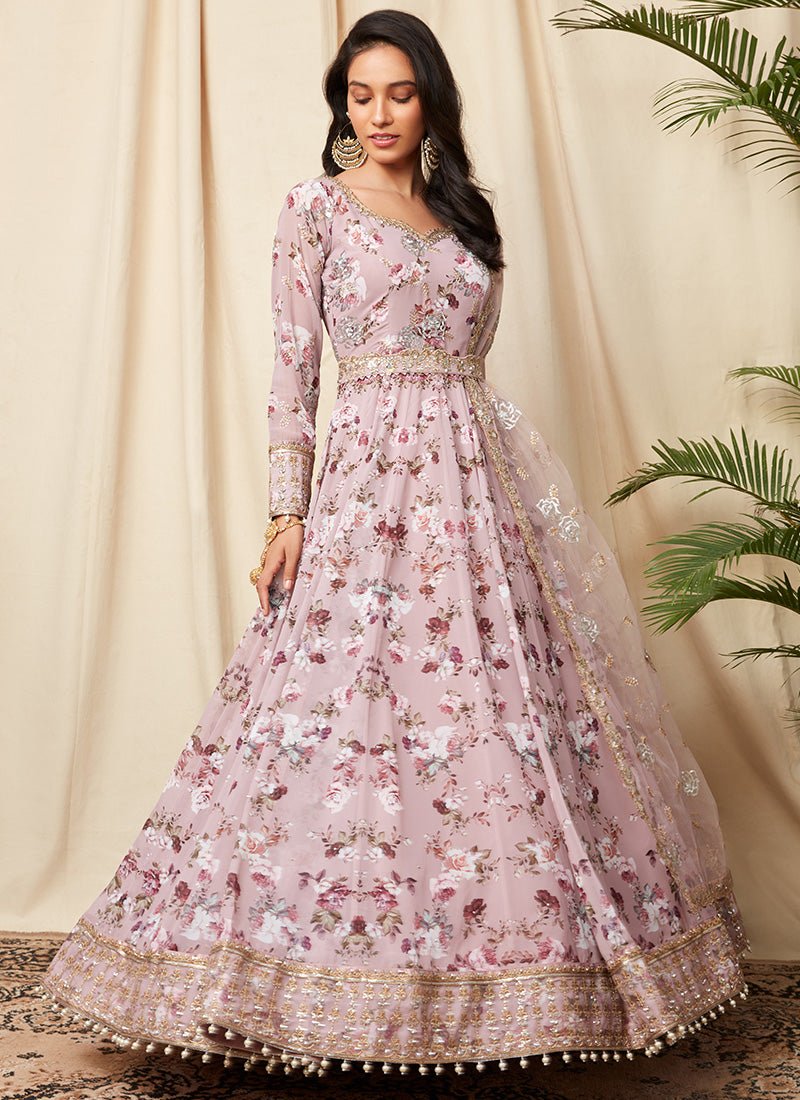 Dusty Mauve Floral Georgette Anarkali - Lashkaraa