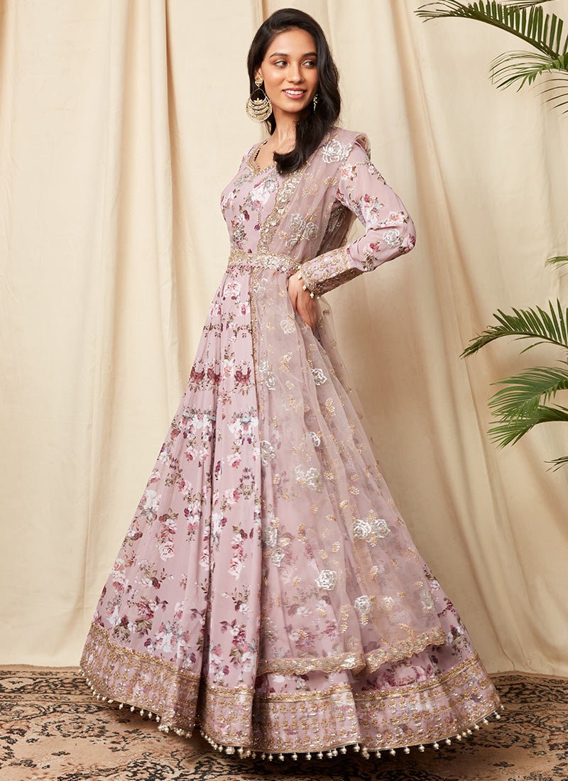 Dusty Mauve Floral Georgette Anarkali - Lashkaraa
