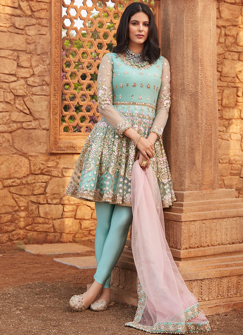 Dusty Mint and Pink Embroidered Peplum Anarkali - Lashkaraa