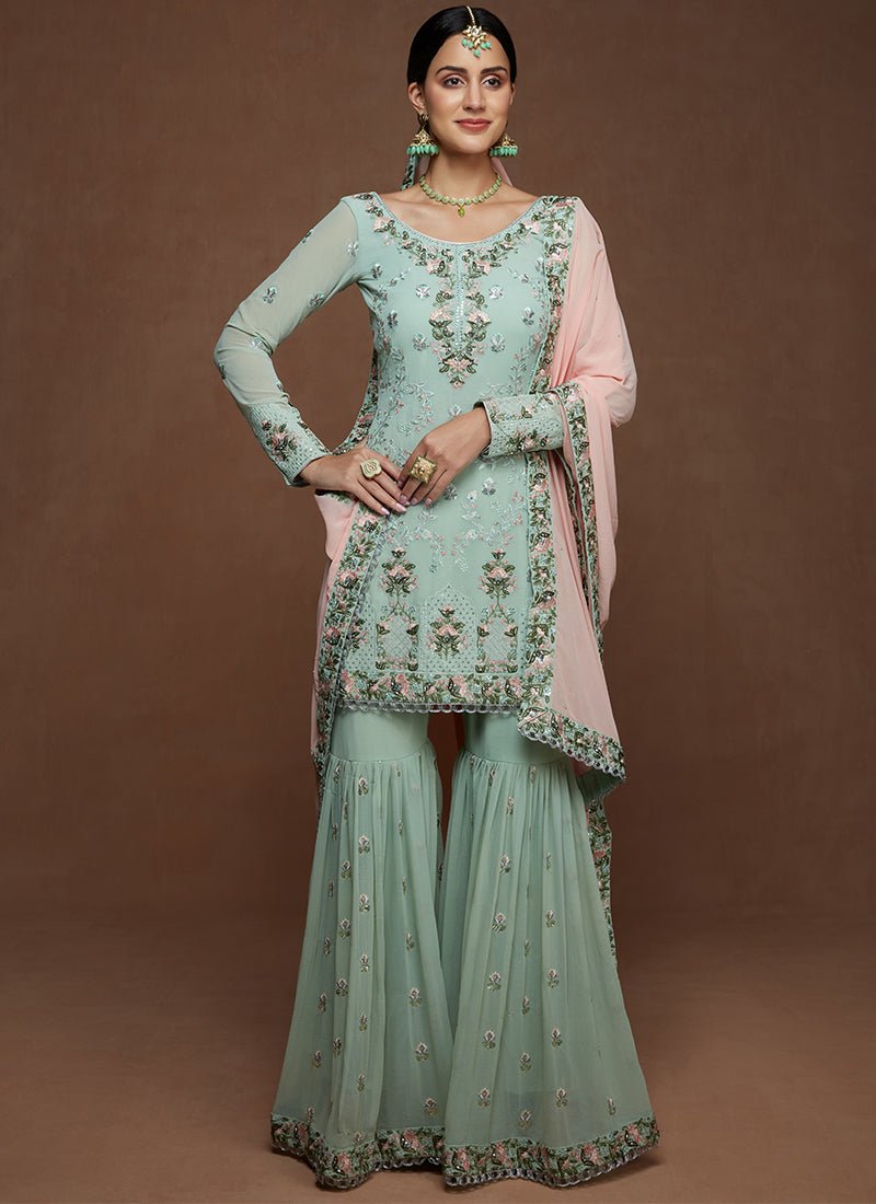 Dusty Mint and Pink Georgette Gharara Suit - Lashkaraa