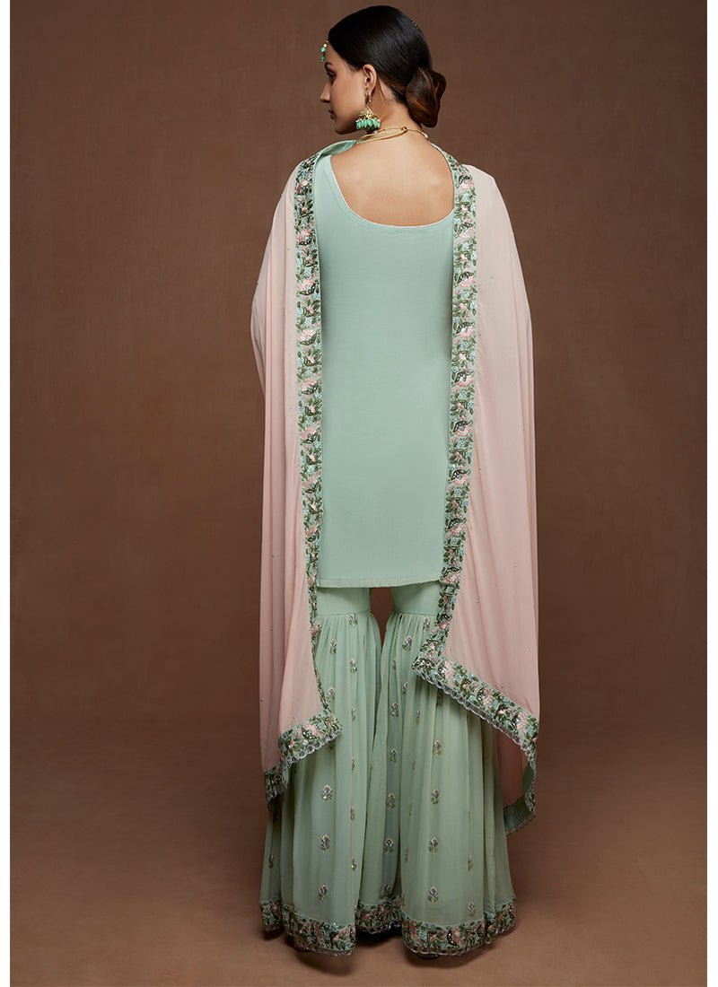 Dusty Mint and Pink Georgette Gharara Suit - Lashkaraa