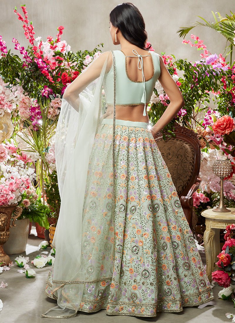 Dusty Mint Green Multicolor Embroidered Net Lehenga - Lashkaraa