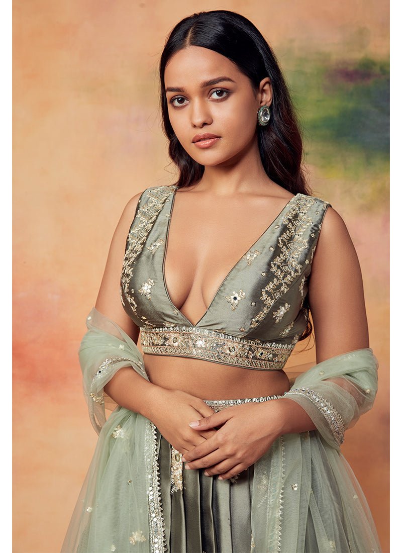 Dusty Olive Embroidered Satin Lehenga - Lashkaraa
