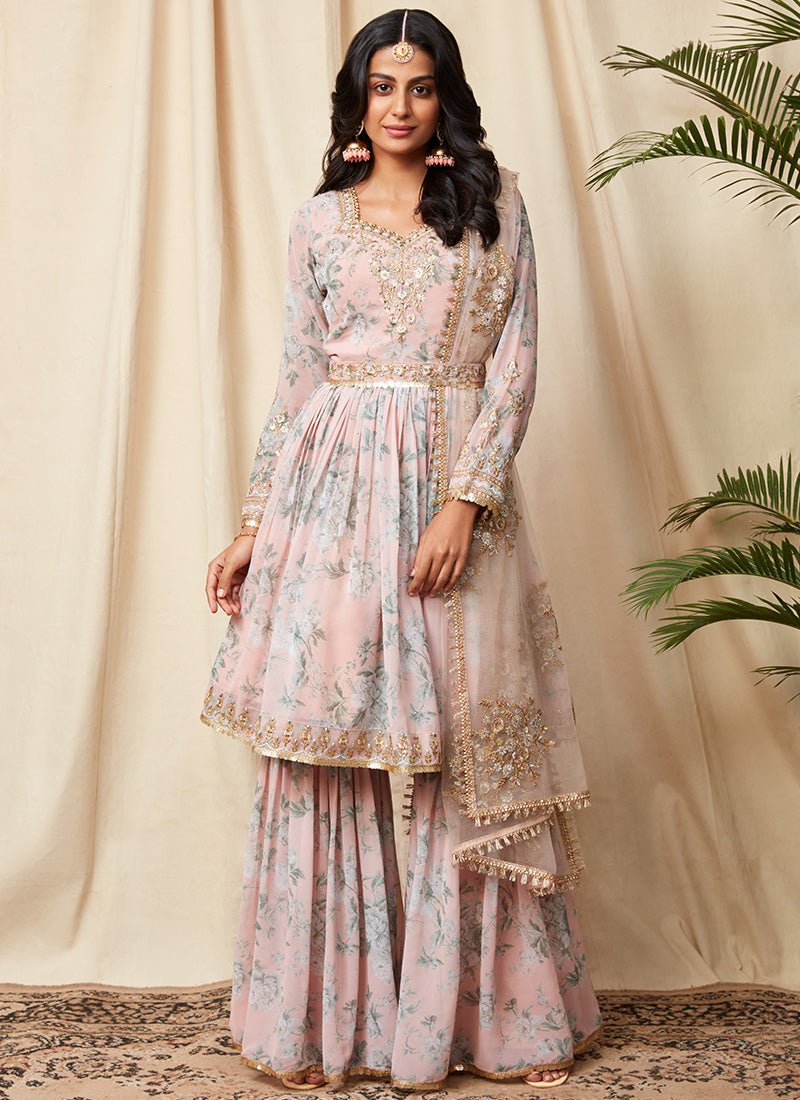 Dusty Peach Floral Georgette Gharara Suit | Lashkaraa Dusty Peach Floral Georgette Gharara Suit | Lashkaraa