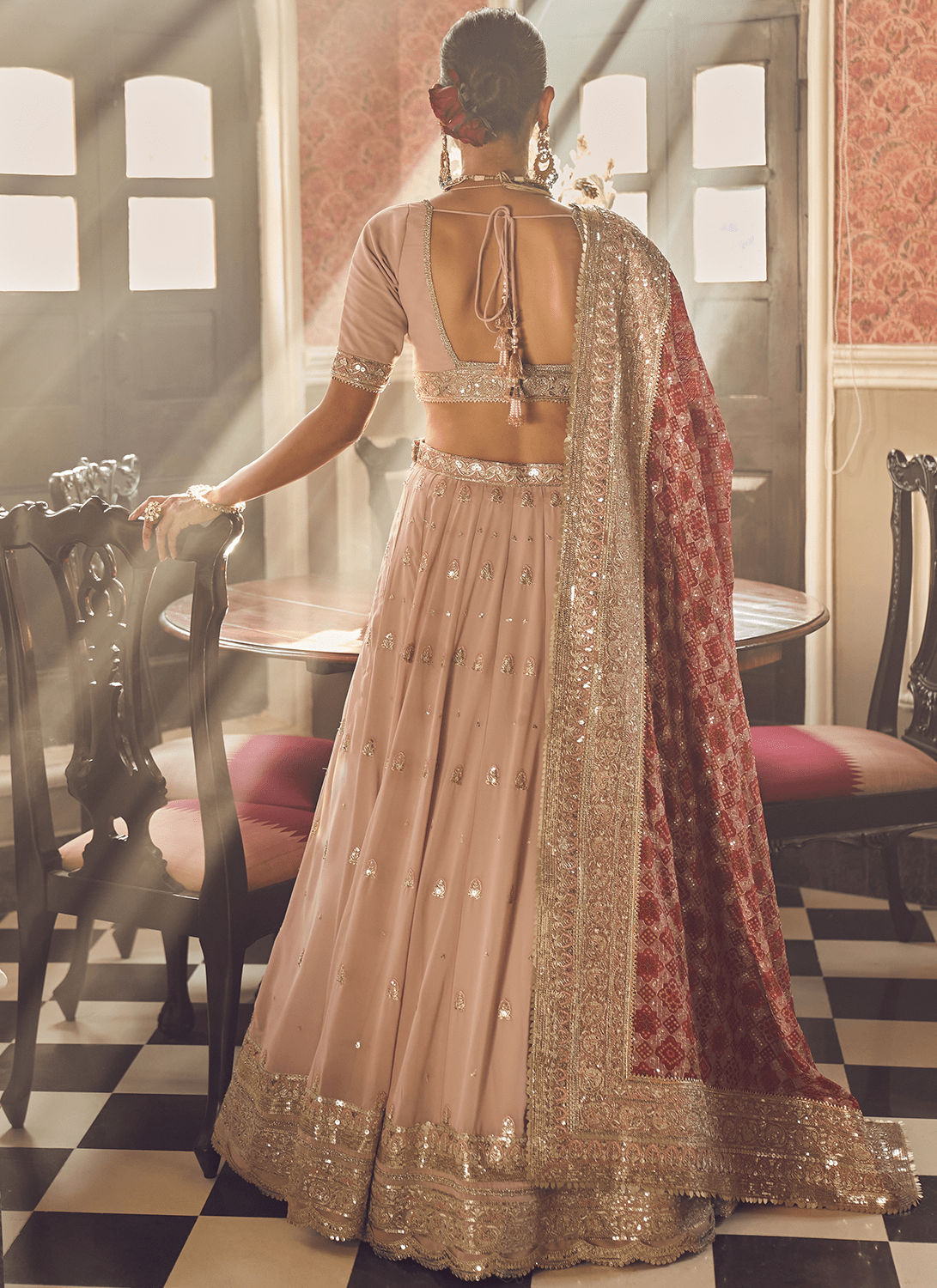 Dusty Pink and Red Embroidered Lehenga - Lashkaraa
