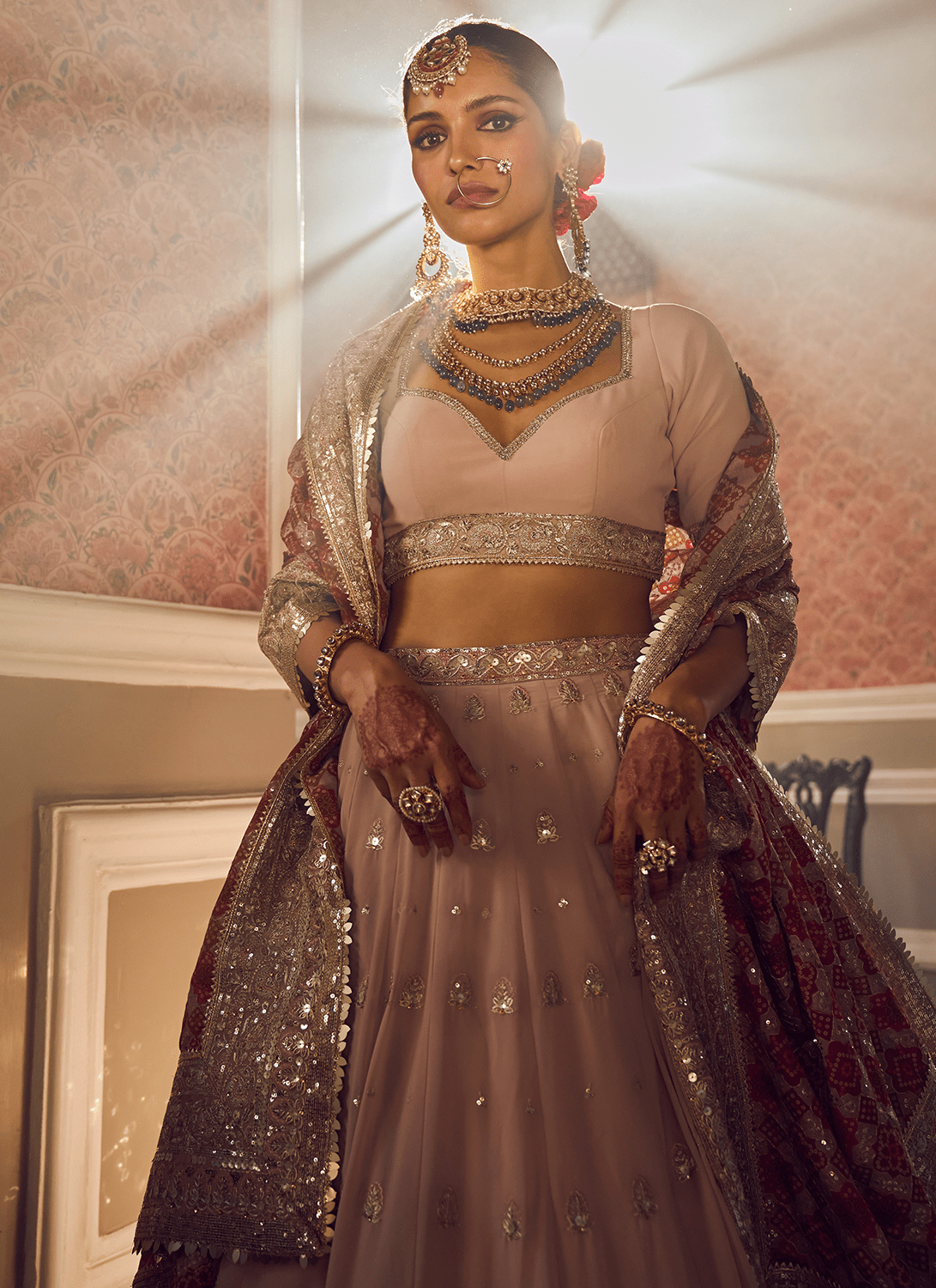 Dusty Pink and Red Embroidered Lehenga - Lashkaraa