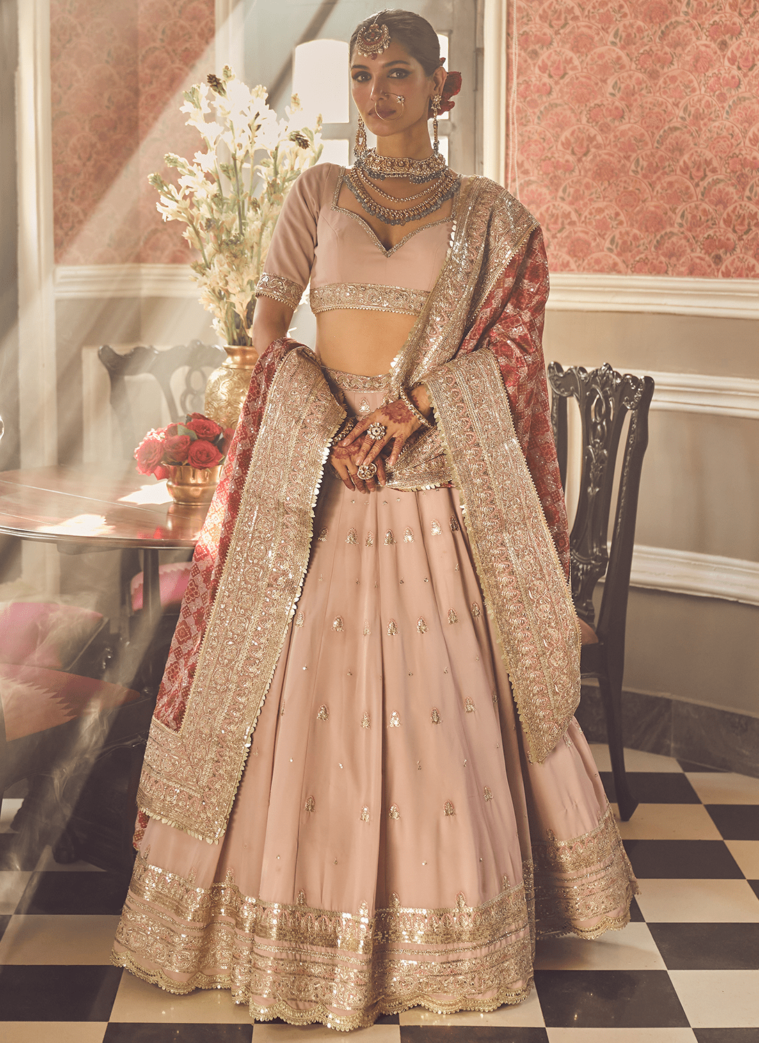 Dusty Pink and Red Embroidered Lehenga - Lashkaraa