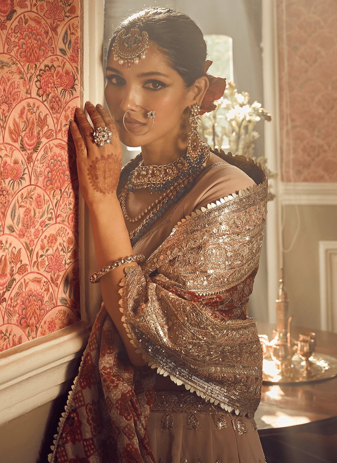 Dusty Pink and Red Embroidered Lehenga - Lashkaraa