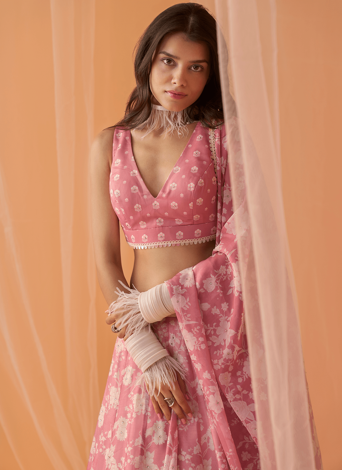 Dusty Pink White Floral Printed Lehenga - Lashkaraa
