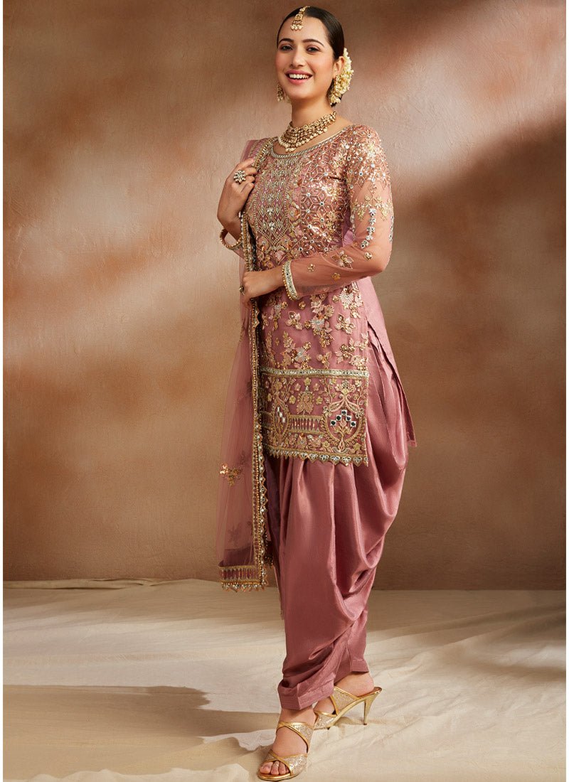Dusty Rose and Gold Embroidered Punjabi Suit - Lashkaraa