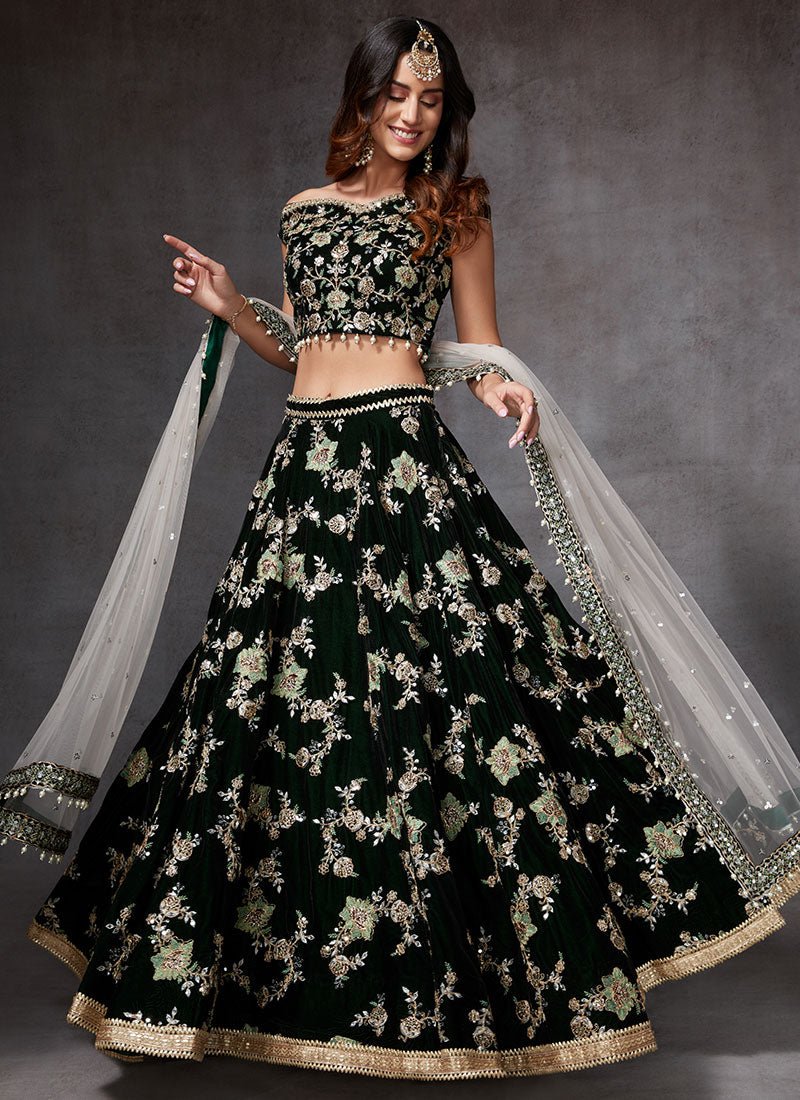 Green Heavy Embroidered Velvet Lehenga - Lashkaraa