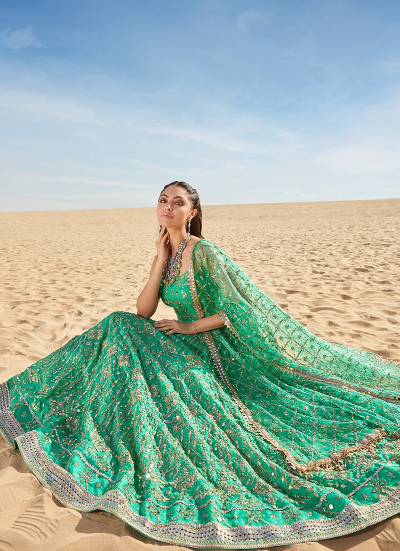 Green Mirror Embroidered Organza Anarkali - Lashkaraa