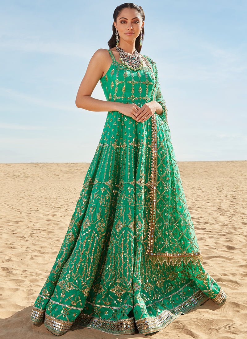 Green Mirror Embroidered Organza Anarkali - Lashkaraa