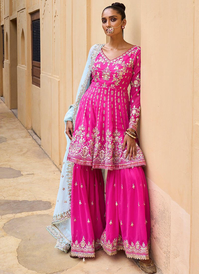 Hot Pink and Mint Georgette Gharara Suit - Lashkaraa