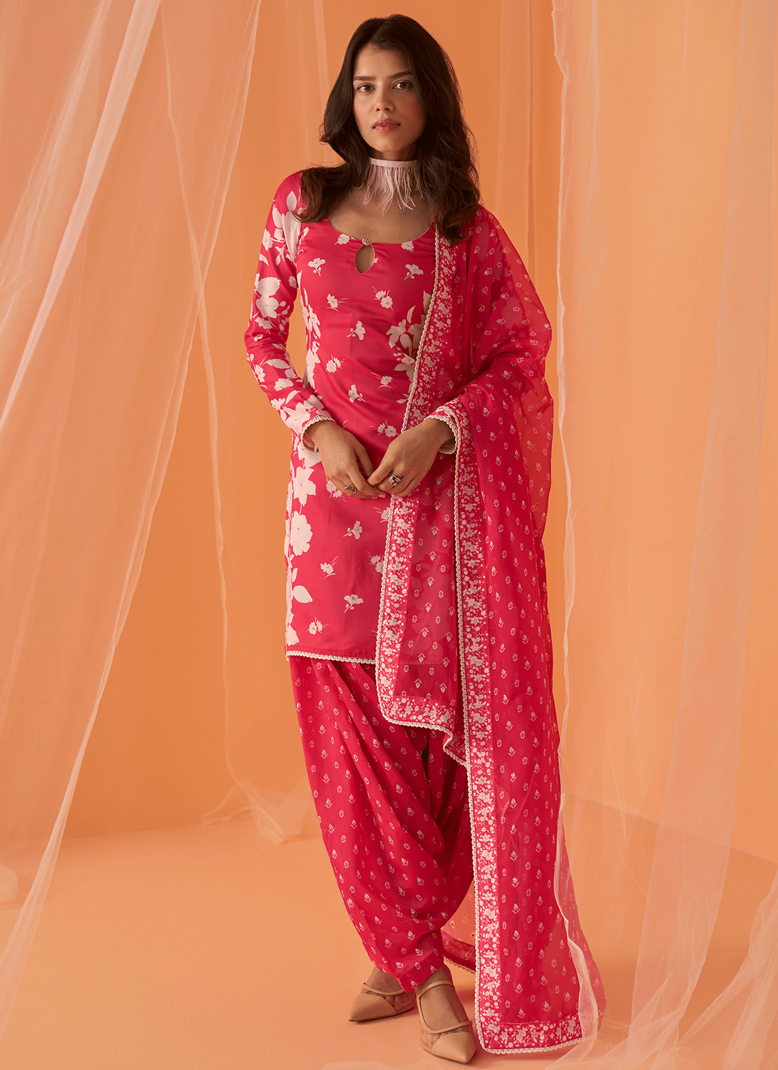 Hot Pink and White Floral Punjabi Suit - Lashkaraa