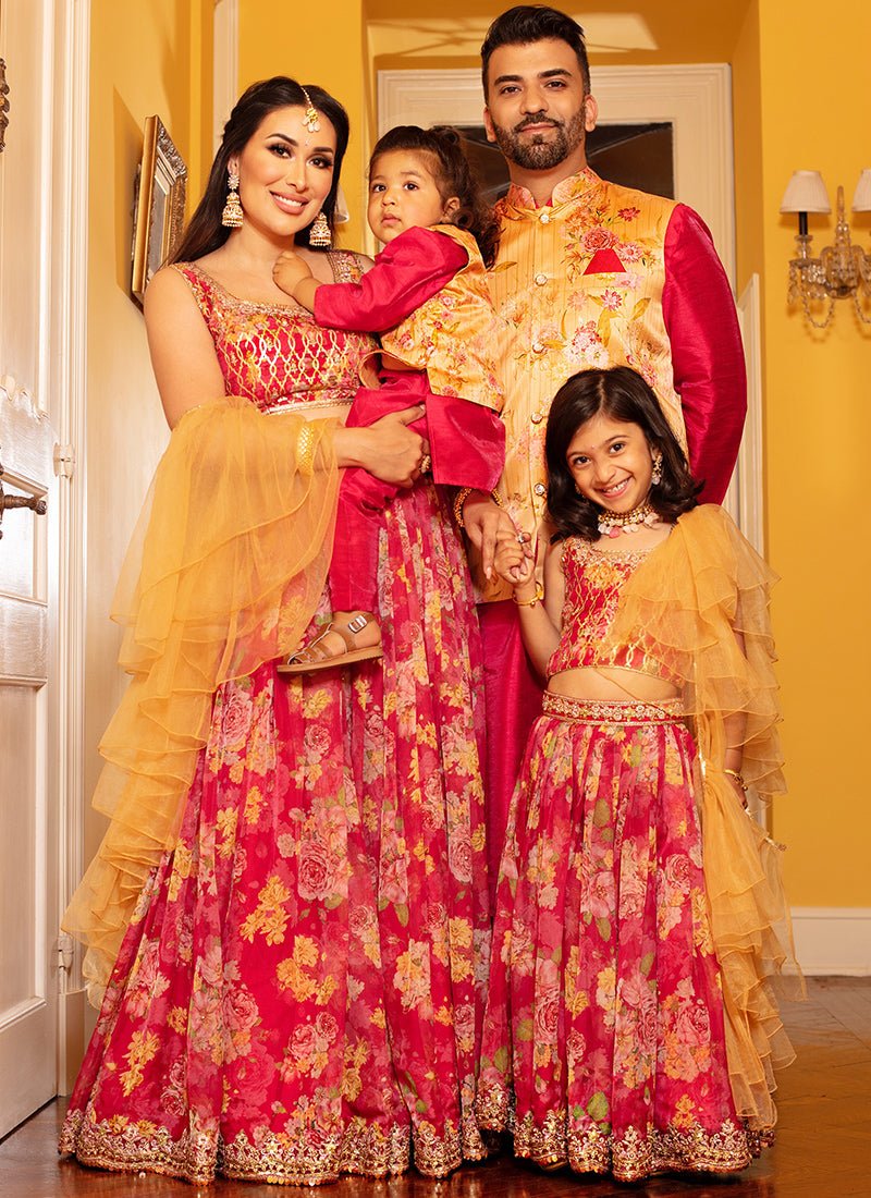 Hot Pink and Yellow Floral Nehru Jacket Set - Lashkaraa