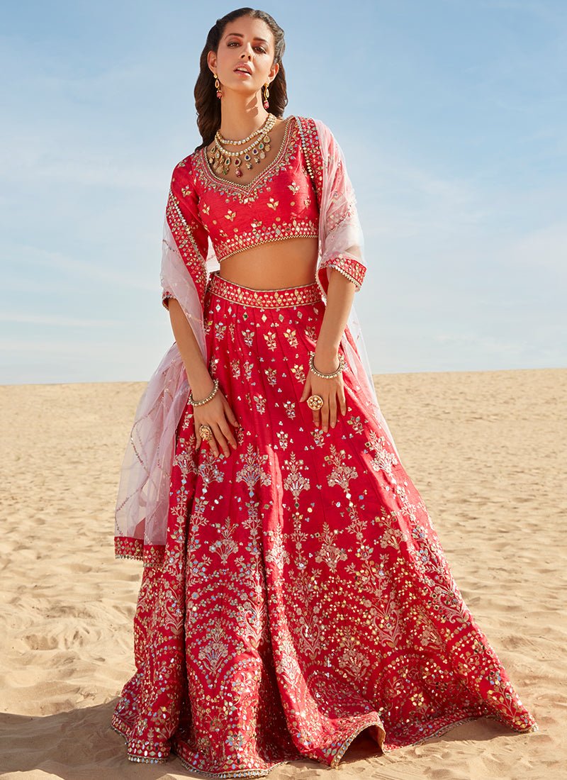 Hot Pink Mirror Embroidered Silk Lehenga - Lashkaraa