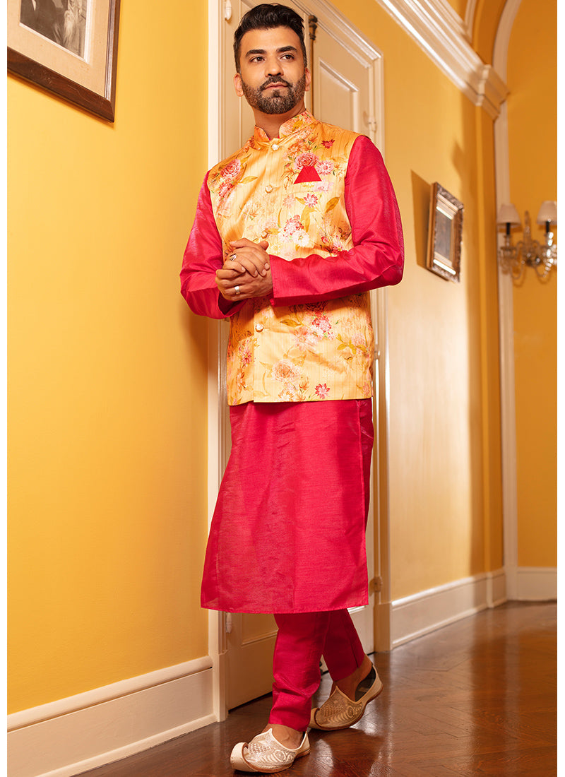Hot Pink and Yellow Floral Nehru Jacket Set - Lashkaraa