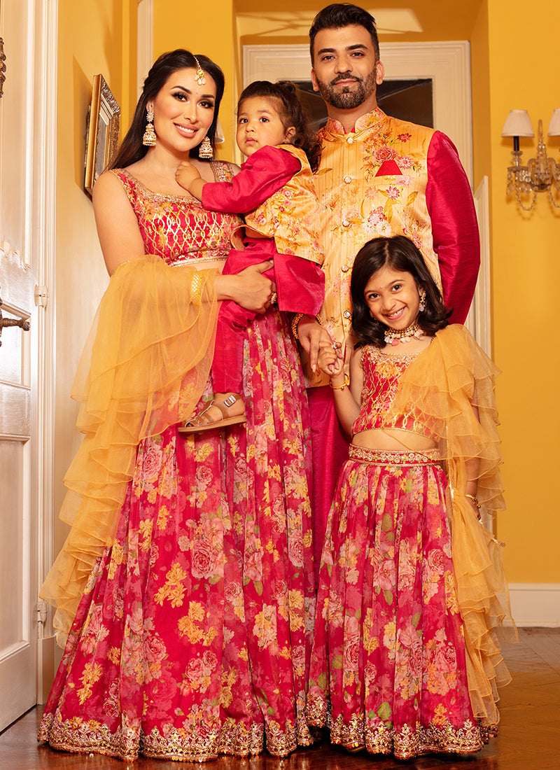 Hot Pink and Yellow Floral Nehru Jacket Set - Lashkaraa